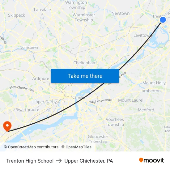 Trenton High School to Upper Chichester, PA map