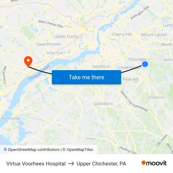 Virtua Voorhees Hospital to Upper Chichester, PA map