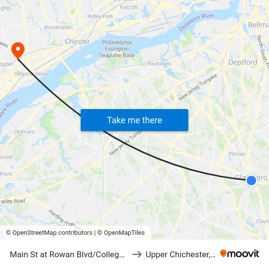 Main St at Rowan Blvd/College Ave to Upper Chichester, PA map