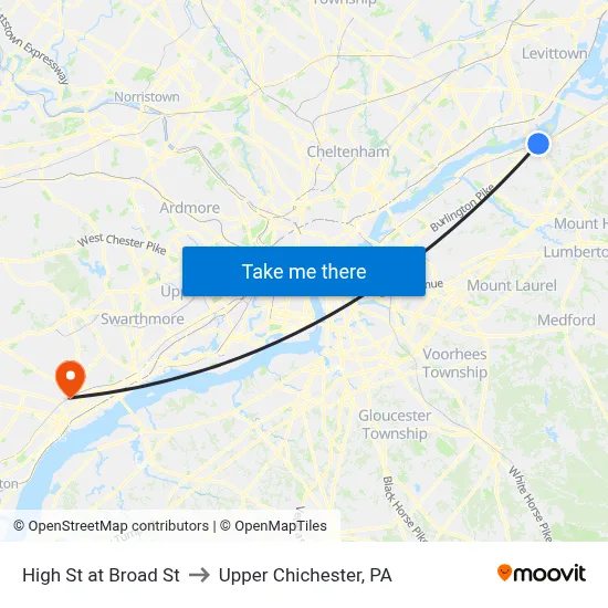 High St at Broad St to Upper Chichester, PA map