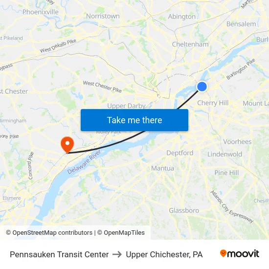 Pennsauken Transit Center to Upper Chichester, PA map