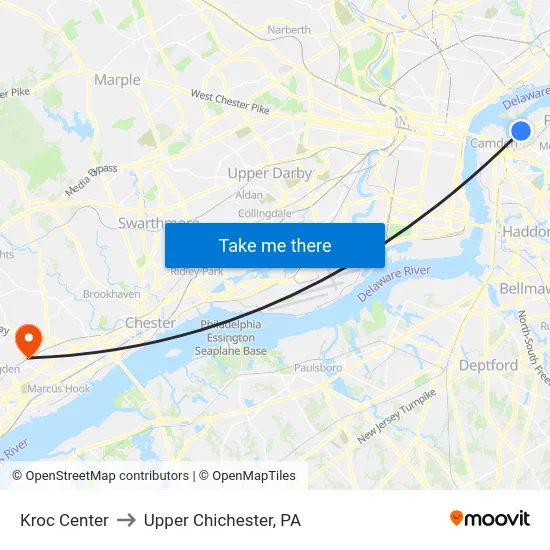Kroc Center to Upper Chichester, PA map