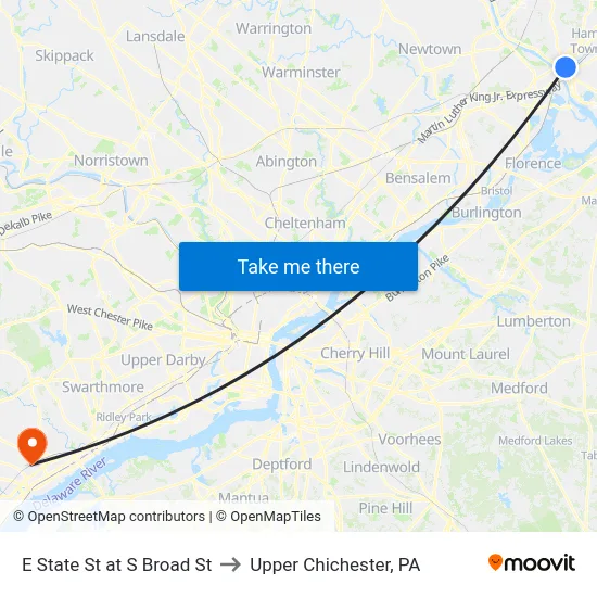 E State St at S Broad St to Upper Chichester, PA map