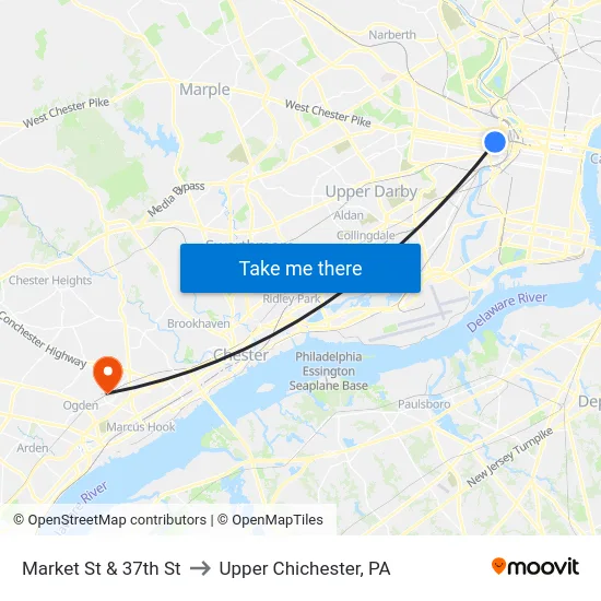 Market St & 37th St to Upper Chichester, PA map