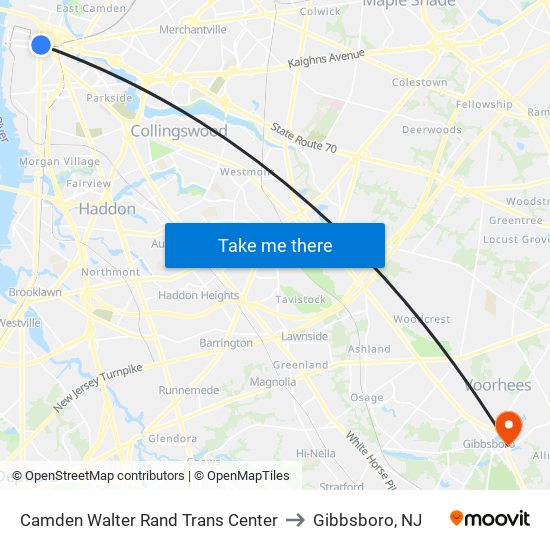 Camden Walter Rand Trans Center to Gibbsboro, NJ map