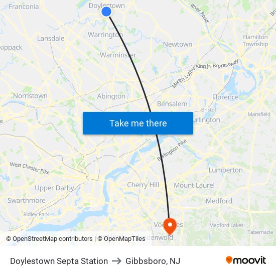 Doylestown Septa Station to Gibbsboro, NJ map