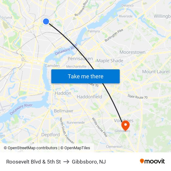 Roosevelt Blvd & 5th St to Gibbsboro, NJ map