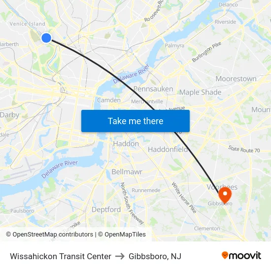 Wissahickon Transit Center to Gibbsboro, NJ map