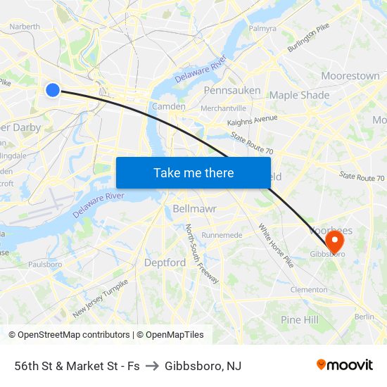 56th St & Market St - Fs to Gibbsboro, NJ map