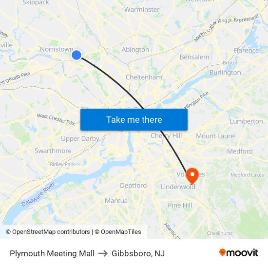 Plymouth Meeting Mall to Gibbsboro, NJ map