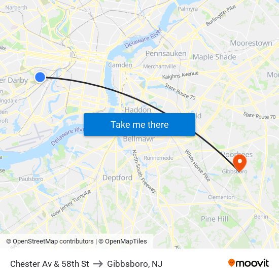 Chester Av & 58th St to Gibbsboro, NJ map