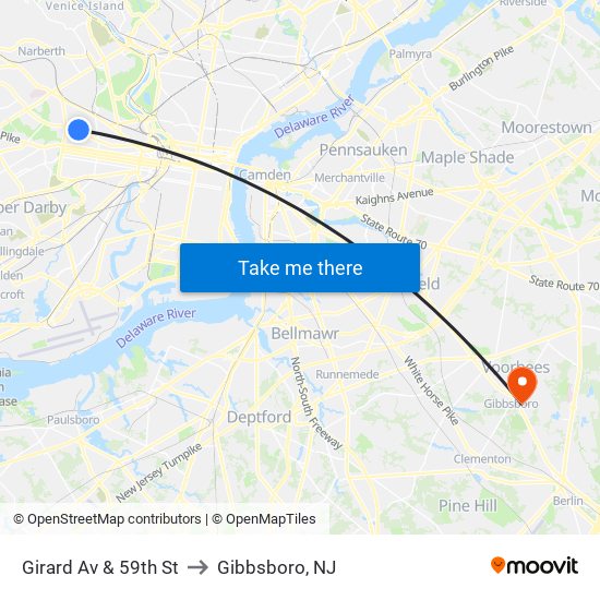 Girard Av & 59th St to Gibbsboro, NJ map