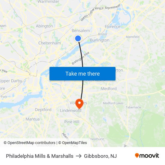 Philadelphia Mills & Marshalls to Gibbsboro, NJ map