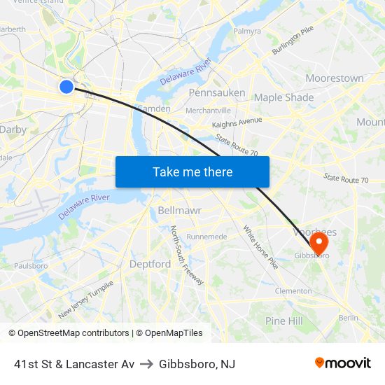 41st St & Lancaster Av to Gibbsboro, NJ map