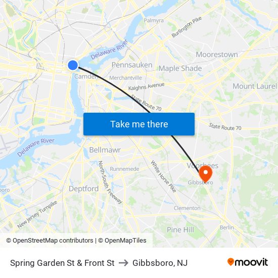 Spring Garden St & Front St to Gibbsboro, NJ map
