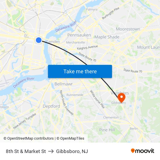 8th St & Market St to Gibbsboro, NJ map
