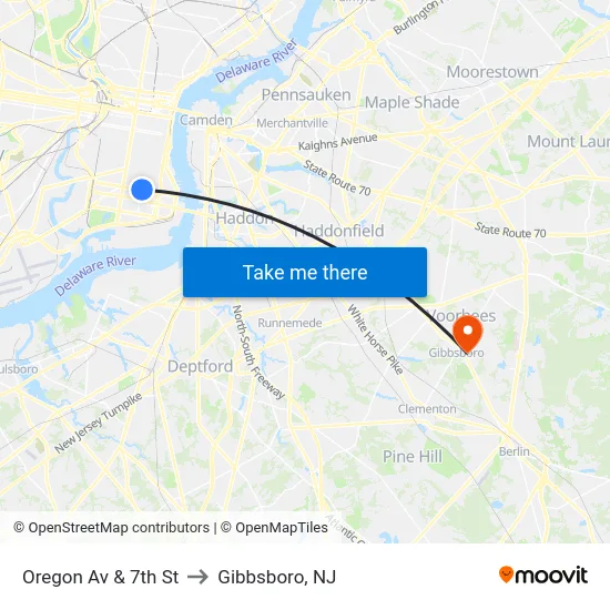 Oregon Av & 7th St to Gibbsboro, NJ map