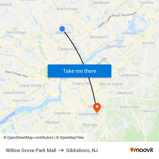 Willow Grove Park Mall to Gibbsboro, NJ map