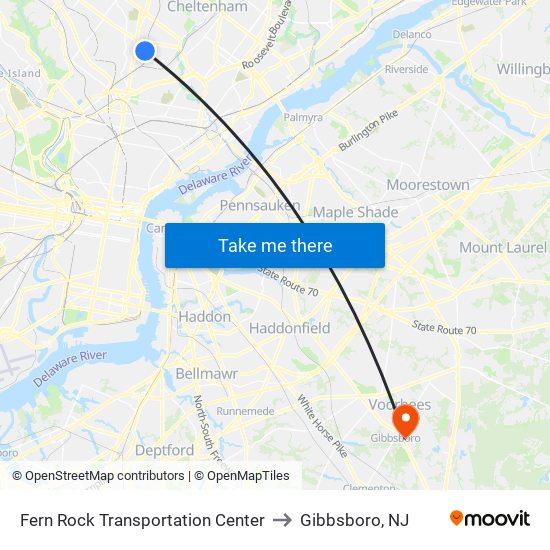 Fern Rock Transportation Center to Gibbsboro, NJ map