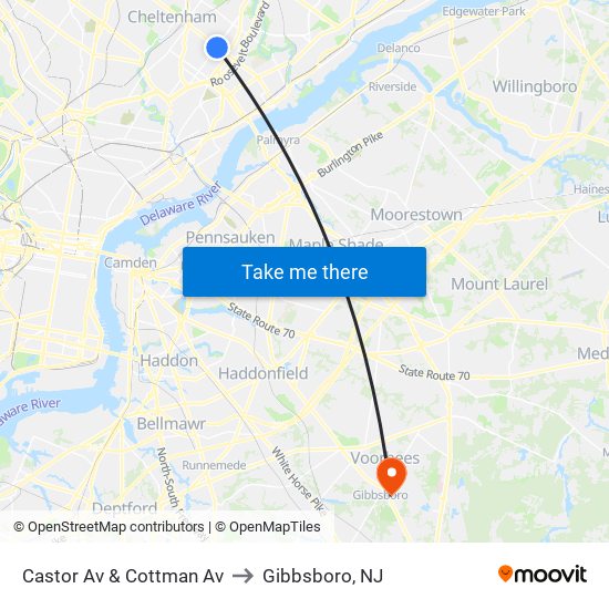 Castor Av & Cottman Av to Gibbsboro, NJ map