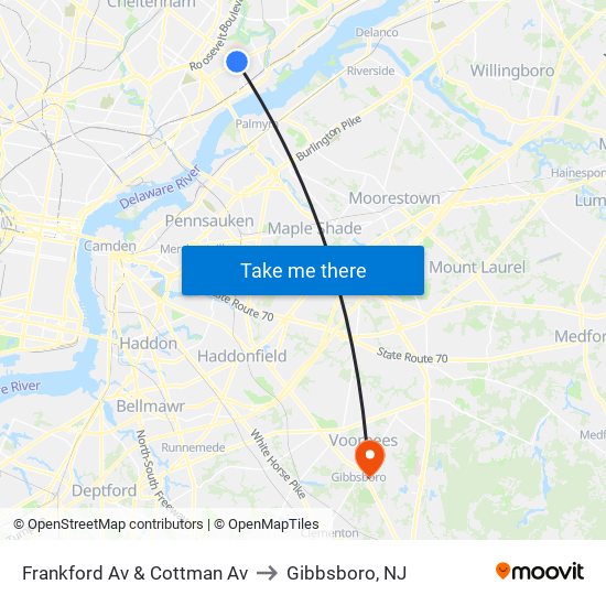 Frankford Av & Cottman Av to Gibbsboro, NJ map