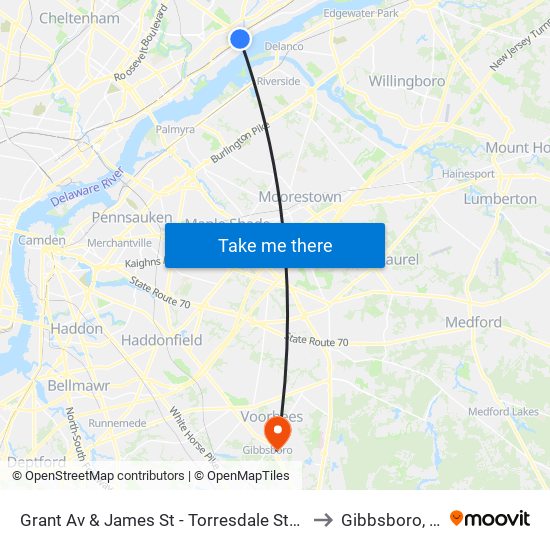 Grant Av & James St - Torresdale Station to Gibbsboro, NJ map