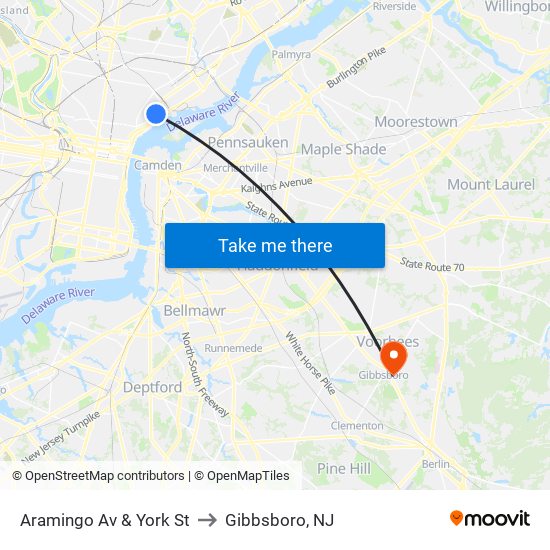 Aramingo Av & York St to Gibbsboro, NJ map