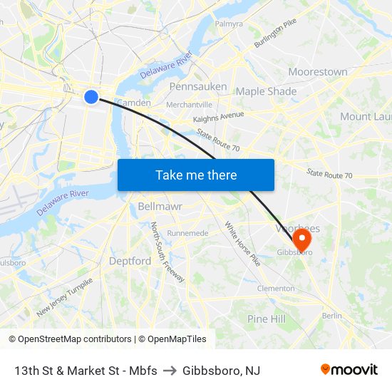 13th St & Market St - Mbfs to Gibbsboro, NJ map