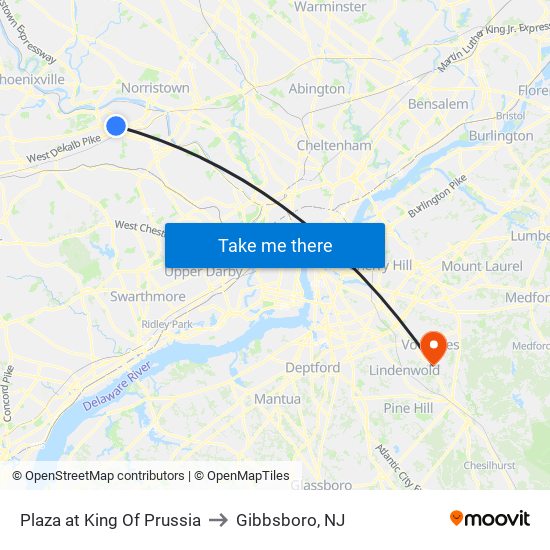 Plaza at King Of Prussia to Gibbsboro, NJ map