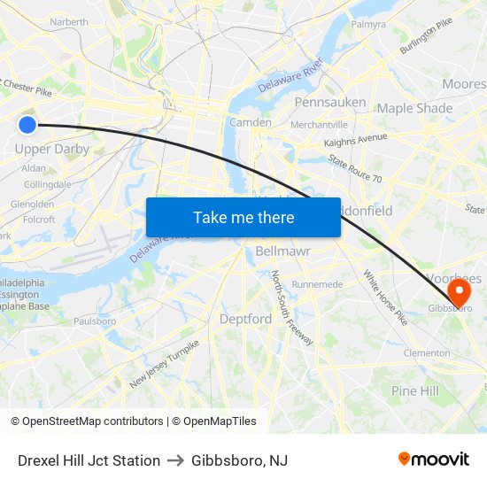 Drexel Hill Jct Station to Gibbsboro, NJ map