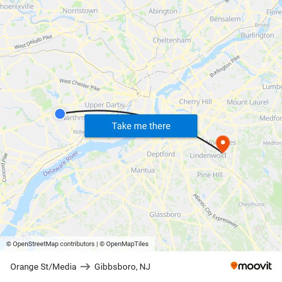 Orange St/Media to Gibbsboro, NJ map