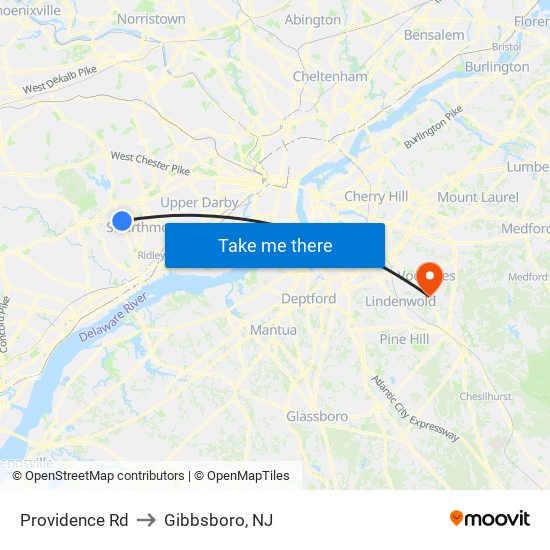 Providence Rd to Gibbsboro, NJ map