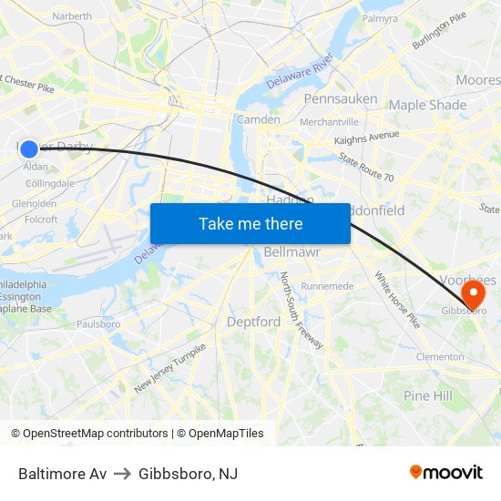 Baltimore Av to Gibbsboro, NJ map