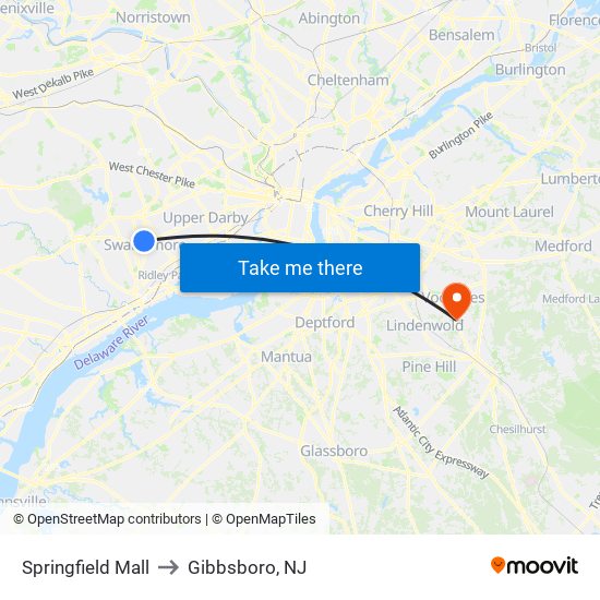 Springfield Mall to Gibbsboro, NJ map