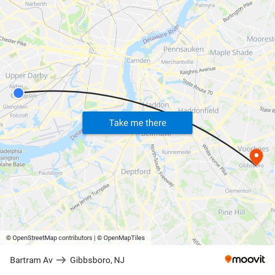 Bartram Av to Gibbsboro, NJ map