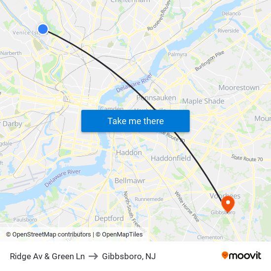 Ridge Av & Green Ln to Gibbsboro, NJ map