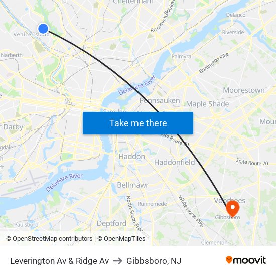 Leverington Av & Ridge Av to Gibbsboro, NJ map
