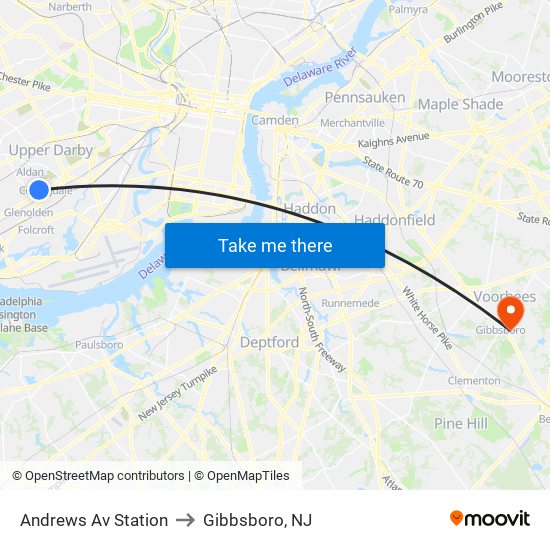 Andrews Av Station to Gibbsboro, NJ map