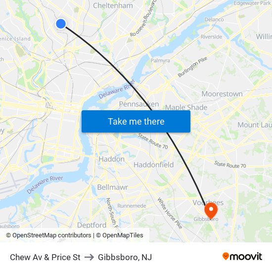 Chew Av & Price St to Gibbsboro, NJ map