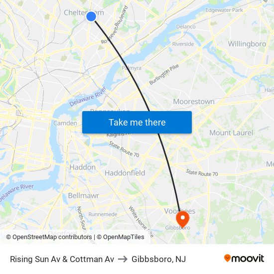 Rising Sun Av & Cottman Av to Gibbsboro, NJ map