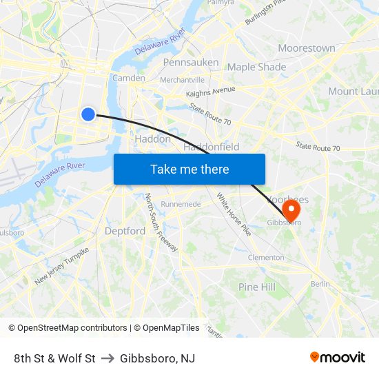 8th St & Wolf St to Gibbsboro, NJ map