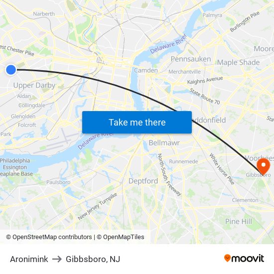 Aronimink to Gibbsboro, NJ map