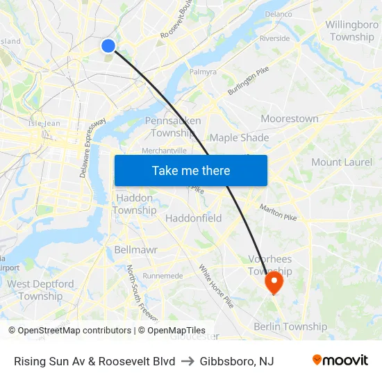 Rising Sun Av & Roosevelt Blvd to Gibbsboro, NJ map