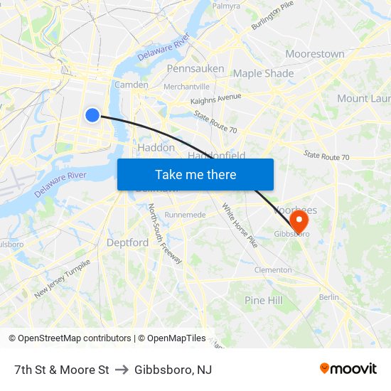 7th St & Moore St to Gibbsboro, NJ map