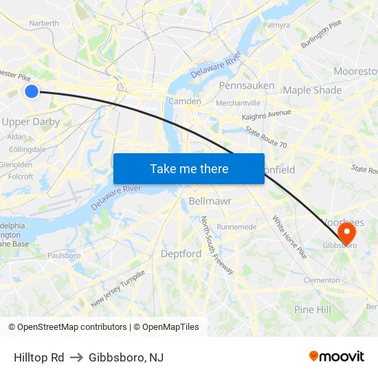 Hilltop Rd to Gibbsboro, NJ map