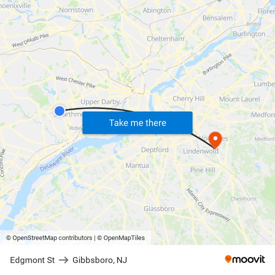 Edgmont St to Gibbsboro, NJ map