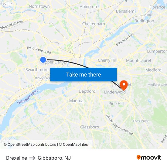 Drexeline to Gibbsboro, NJ map