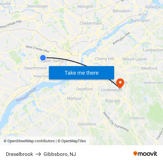 Drexelbrook to Gibbsboro, NJ map