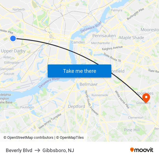 Beverly Blvd to Gibbsboro, NJ map