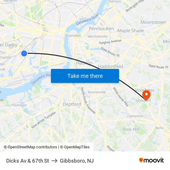 Dicks Av & 67th St to Gibbsboro, NJ map